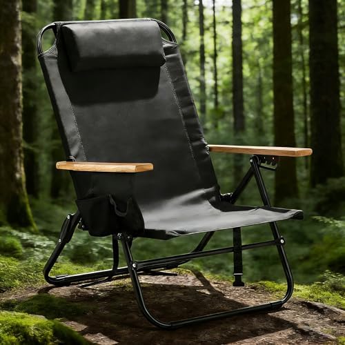 1 Pack Premium 5-Position Reclining Camping Chair - Portable Folding Lightweight Outdoor Chair with Wooden Armrests, Headrest & Pockets, 350lbs Heavy Duty for Beach, Patio, Night Black