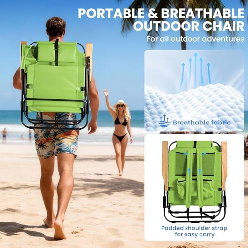 2 Pack Premium 5-Position Reclining Camping Chair - Portable Folding Lightweight Outdoor Chair with Wooden Armrests, Headrest & Pockets, 350lbs Heavy Duty for Beach, Patio, Light Green