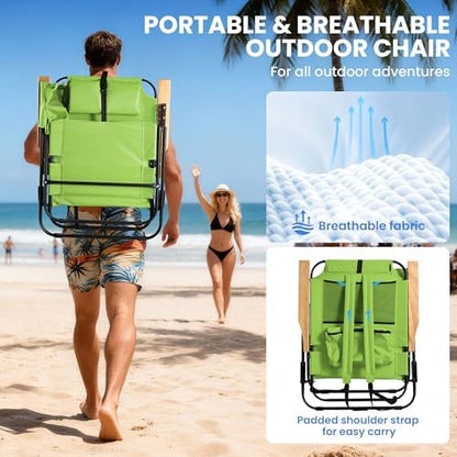 2 Pack Premium 5-Position Reclining Camping Chair - Portable Folding Lightweight Outdoor Chair with Wooden Armrests, Headrest & Pockets, 350lbs Heavy Duty for Beach, Patio, Light Green