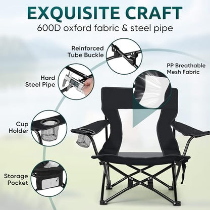 HaSteeL Low Beach Chairs, 2Pcs Folding Camping Lawn Chairs - Black