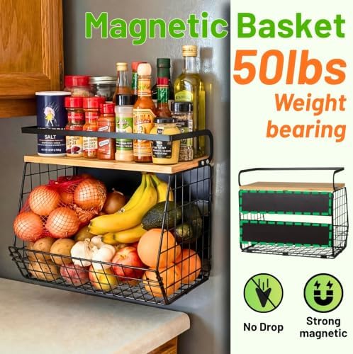 Ofiray-home Magnetic Shelf for Fridge with Wood Lid, Fruit Potato and Onion Storage Bins, Pantry Organizers & Storage, Large Container Magnetic Spice Rack for Refrigerator, Kitchen Counter, Cabinet