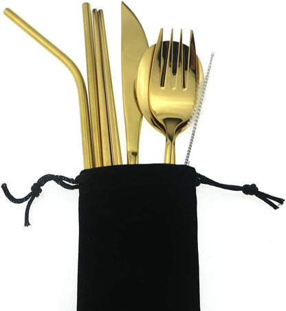 7 Pcs Portable Flatware Set, 304 Stainless Steel Cutlery Set Travel Utensils Set w/Pouch Fork Spoon Chopsticks Straws for Travel Camping Office School, Dishwasher Safe & Eco-Friendly (Gold)
