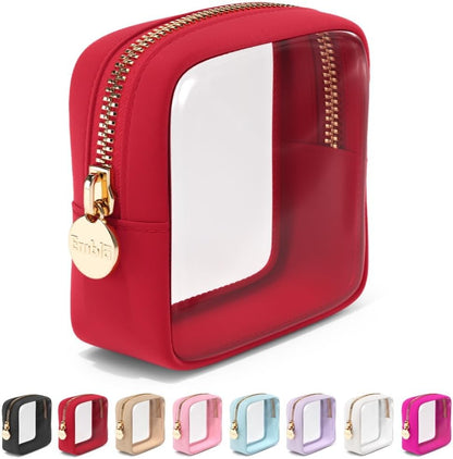 Clear Makeup Bag Zipper Pouch, Transparent Cosmetic Case Organizer, TSA Approved Travel Toiletry Case, Travel Accessories Essentials Makeup Tote for Women, Mini Cute Make up Bag for Purse - Ruby
