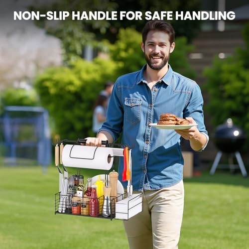 Grill Caddy for Outdoor Grill with 2 Paper Towel Holders,Barbecue Tool Sets Storage Organizer,BBQ Caddy for Outdoor Grill with 9 Compartments & 8 Hooks,Picnic Caddy Grilling Gifts for Men (16.6Inch)