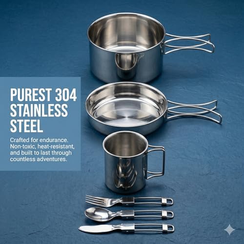 14-Piece Camping Cookware Set, 304 Stainless Steel Pots and Pans