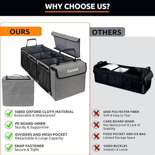 Collapsible Trunk Organizer with Insulated Leakproof Cooler Bag,Removable Lid,Adjustable Securing Straps,3 Compartments Trunk Organizer for SUV,Truck,Sedan(Light Grey)