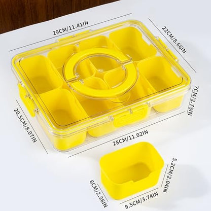 WACOI Divided Snack Serving Tray with Lid and Handle Travel Snackle Charcuterie Container Portable Storage Organizer for Candy, Fruits, Nuts, Snacks, Party, Picnic (1pack, Yellow)