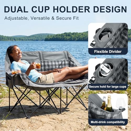 Double Camping Chair 2 Person Loveseat, 800LBS Heavy Duty Chair, Plaid