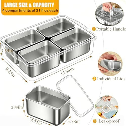 Snackle Box Container, Stainless Steel Divided Serving Tray with Lid and Handle,Large Snack Tray for Fruit Veggie, 4-Compartment Snack Platter for Travel Party Beach Picnic,with Ice Pack(Silver White)