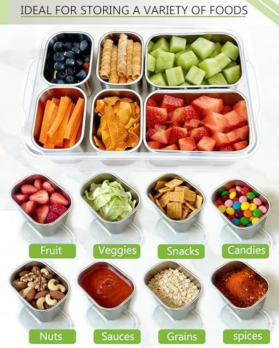Snackle Box Container, Stainless Steel Divided Serving Tray with Lid and Handle, Large Snack Tray for Fruit Veggie Candy, 6-Compartment Snack Platter for Travel Party Beach Picnic