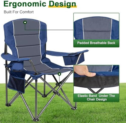 Oversized Padded High Back Camping Chairs,2 Pcs Heavy Duty Folding Chairs Support 500LBS with Cooler Bag,Cup Holder Cooler Bag, Collapsible Chairs for Outdoor, Tailgate, Fishing, Blue