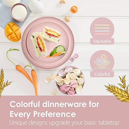 Teivio 16-Piece Kitchen Plastic Wheat Straw Dinnerware Set, Service for 4, Dinner Plates, Dessert Plate, Cereal Bowls, Cups, Unbreakable Plastic Outdoor Camping Dishes,Pink