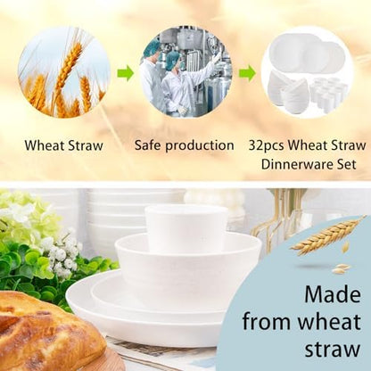 Supernal 32pcs White Wheat Straw Dinnerware Set,Plates and Bowls Sets for 8