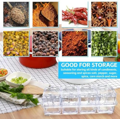 4-Cell Clear Seasoning Rack Spice Box, Storage Container Condiment Jars Acrylic Seasoning Box with Cover and Spoon (Enhanced Version Clear)
