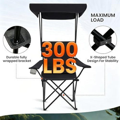 Portable Camping Chair 4 Pack with Foldable Canopy, Folding Outdoor Chair with Cup Holder & Side Pocket for Camping, Hiking, Picnic, Beach (Black)