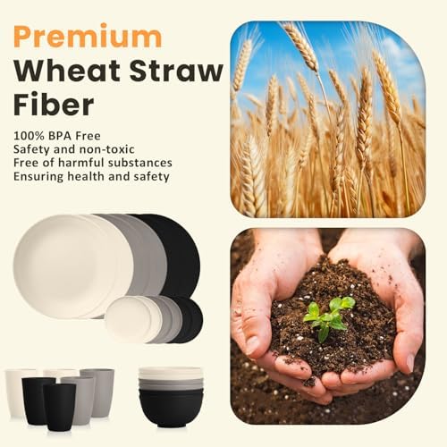 Homienly Wheat Straw Plates and Bowls Set, Lightweight & Unbreakable Dinnerware Set for Kitchen, Parties, Holidays, Microwave and Dishwasher Safe Dish Set - Plate Sets, Bowls, Cups, 24pcs (Grey Stone)
