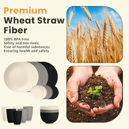 Homienly Wheat Straw Plates and Bowls Set, Lightweight & Unbreakable Dinnerware Set for Kitchen, Parties, Holidays, Microwave and Dishwasher Safe Dish Set - Plate Sets, Bowls, Cups, 24pcs (Grey Stone)