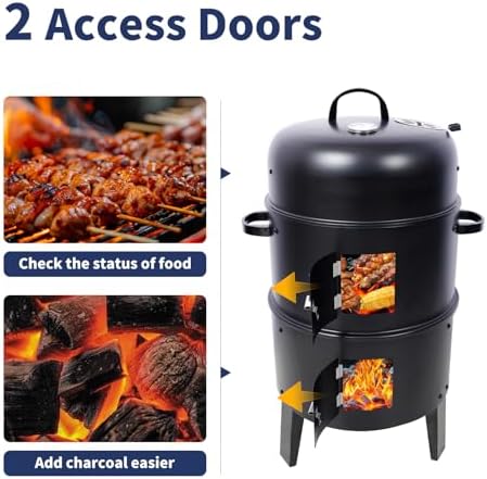 16 inch Vertical Charcoal Smoker, BBQ Grill, Fire Pit, 3-in-1 with Built-in Thermometer, Adjustable Air Vent, Idea for Parties, Backyard, Patio, Camping