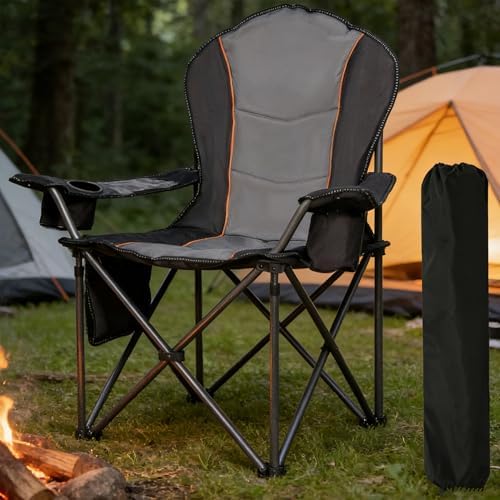 Folding Camping Chairs for Adults - High Back Padded Outdoor Lawn Chairs with Lumbar Support & Cup Holder, 500lbs Heavy Duty Portable Camping Chairs Set (Black & Gray, 1 PCS)