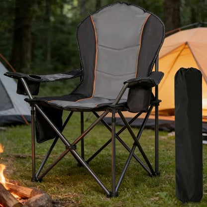Folding Camping Chairs for Adults - High Back Padded Outdoor Lawn Chairs with Lumbar Support & Cup Holder, 500lbs Heavy Duty Portable Camping Chairs Set (Black & Gray, 1 PCS)