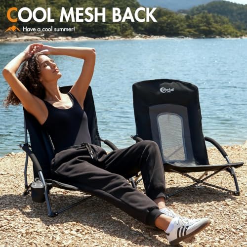 Portal Beach Chairs for Adults Camping Low Lightweight Portable Chair with Cup Holder Mesh Back Carry Bag for Outdoor Sand Lawn Travel Picnic Festival Concert