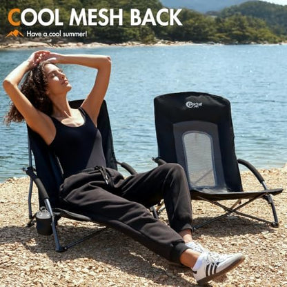 Portal Beach Chairs for Adults Camping Low Lightweight Portable Chair with Cup Holder Mesh Back Carry Bag for Outdoor Sand Lawn Travel Picnic Festival Concert