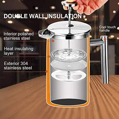 Secura French Press Coffee Maker, 304 Grade Stainless Steel Insulated Coffee Press with 2 Extra Screens, 50oz (1.5 Litre), Silver (Pack of 2)