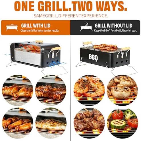 Tabletop Charcoal Grill with Locking Lid & Handles, 16.5" x 9" Travel Size