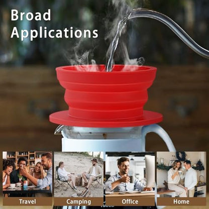 2-Packs Paperless Collapsible Travel Pour Over Coffee Maker with Metal Filter - Single Serve Camping Pour Over Coffee Maker Set - Travel Collapsible Pour Over Coffee Dripper kit (Black+Red)