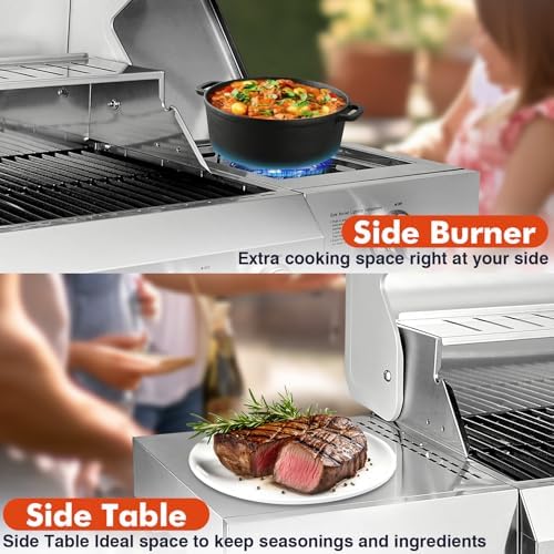 Llamaviva 5 Burner Propane Gas Grill with Side Burner,Stainless Steel BBQ Grill with Porcelain-Enameled Cast Iron Grates, 68000 BTU Cabinet-Style Cart Design for Outdoor Patio Barbecue- food clip