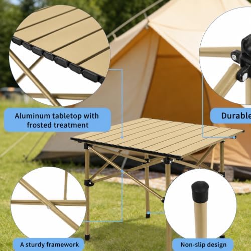 Camping Table with 2 Chairs, Portable Folding Picnic Table Set-Beige