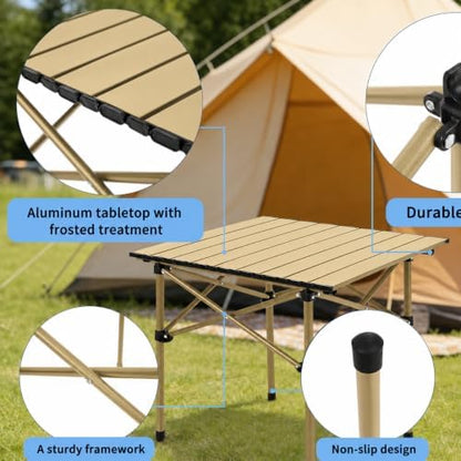 Camping Table with 2 Chairs, Portable Folding Picnic Table Set-Beige