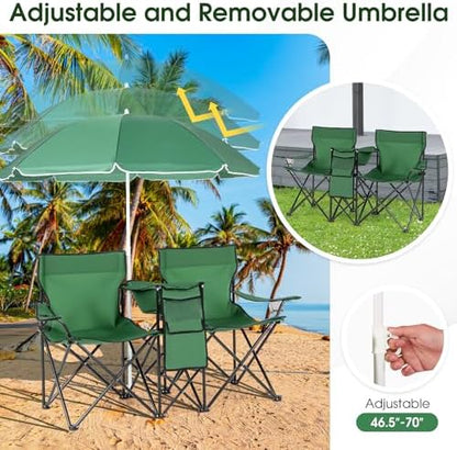 Goplus Double Camping Chairs with Umbrella, Cooler for Beach Patio
