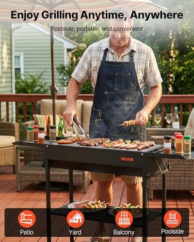 VEVOR Foldable Charcoal Grill, Portable Charcoal Barbecue Grill with Adjustable Height & Folding Side Tables, High-Temp Powder-Coated Steel Outdoor BBQ Grills for Camping Backyard Parties