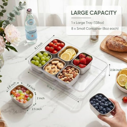 E-far Snackle Box Container, Stainless Steel Divided Serving Tray with Lid
