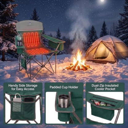 Heated Camping Chairs 2 Pack - Heavy Duty 400LBS Padded Lawn Chair with Cup Holder,Side Pocket,Collapsible for Outdoor,Camp,Fishing & Garden,Dark Green,Battery NOT Included