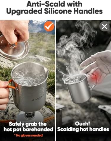Odoland Titanium Camping Cookware 420ML & 750ML Titanium Pot with Lid and Spork Lightweight Camping Pot for Backpacking Hiking Traveling and Picnic