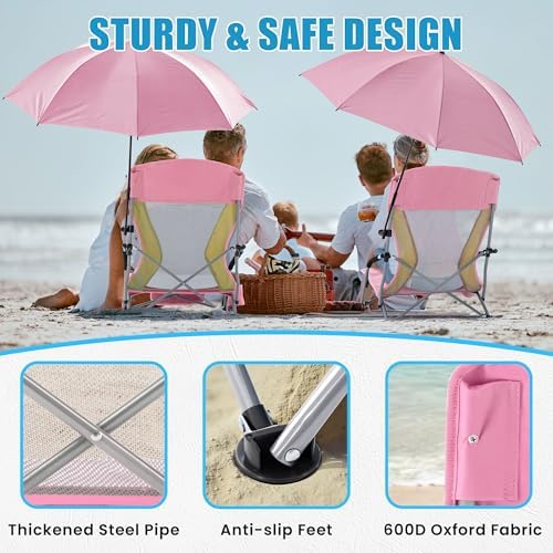Folding Beach Chair with Umbrella for Adults, 2 Pack Portable Low Beach Chairs with 300lbs Capacity, Lightweight Fodable Camping Chair for Travel, Picnic, Concert & Outdoor Activities,Pink-Yellow