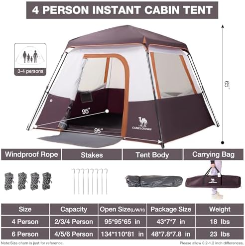 CAMEL CROWN 4/6 Person Instant Cabin Tent, Pop Up Windproof Tents for Camping, 60-Second Setup Family Tent with Carry Bag for Outdoor Hiking
