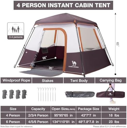 CAMEL CROWN 4/6 Person Instant Cabin Tent, Pop Up Windproof Tents for Camping, 60-Second Setup Family Tent with Carry Bag for Outdoor Hiking