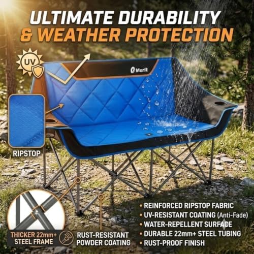 EMERIT Oversized Fully Padded Camping Chair, Heavy Duty 650LB Folding Camping Loveseat, Quad Fold Double Camping Couch with Cup Holders & Carry Bag for Outdoor, Lawn, Sports Events Blue