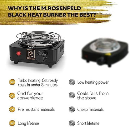 PRO Hookah Coal Burner for Hookah Cubes 500W with grid – BLACK HEAT Charcoal Burner Electric for Shisha with grill & FREE Hooka Tongs - Strong Durable 304 Steel Coil