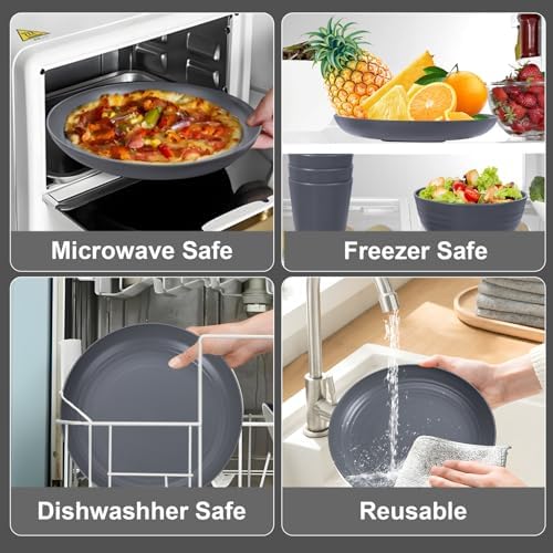 LIYH 16pcs Wheat Straw Dinnerware Sets - Unbreakable Dinnerware Sets for 4, Plastic Plates and Bowls Set Reusable Tableware Plates Dishes Set for 4 Dark Grey 8 Plate 4 Bowls 4 Cups