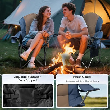 2 Pack Folding Camping Chairs for Adults - High Back Padded Outdoor Lawn Chairs with Lumbar Support & Cup Holder, 400lbs Heavy Duty Portable Camping Chairs Set (Blue & Brown, 2 PCS)