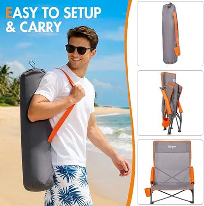 Portal Beach Chairs for Adults Camping Low Lightweight Portable Chair with Cup Holder Mesh Back Carry Bag for Outdoor Sand Lawn Travel Picnic Festival Concert