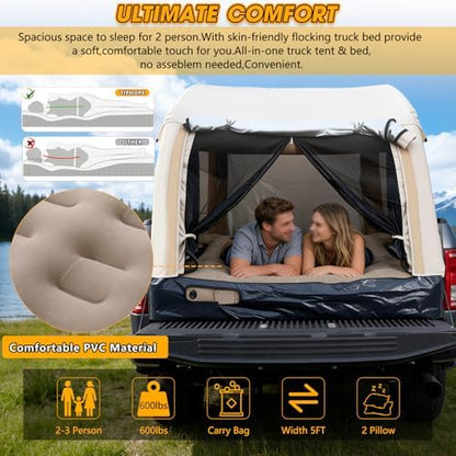 All-in-One Inflatable Truck Bed Tent with Mattress for 5.5-6.5FT,Built in Wireless Rechargeable Air Pump,3 Mins Fast Setup,Waterproof PU 2000MM Pickup Truck Tent for Camping Road Trip