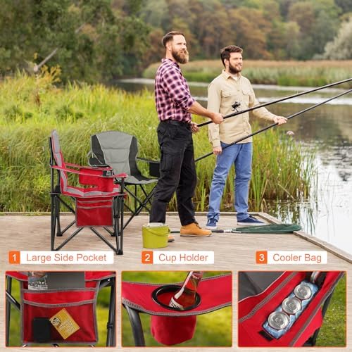 Oversized Padded Camping Chairs for Adults,Heavy Duty Support 400 Lbs,Folding Portable Lawn Chair w/Cup Holder,Cooler Bag,Side Pocket,Perfect for Outdoor Picnic,Hiking(Red)