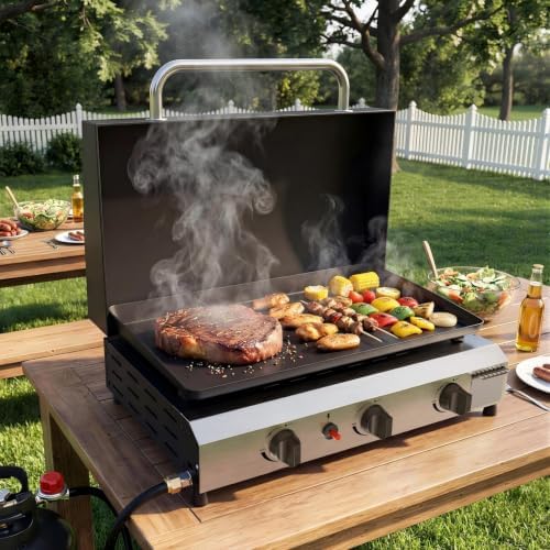 SKOK 3 Burners Outdoor Tabletop Gas Griddle with Hood, Flat Top Grill