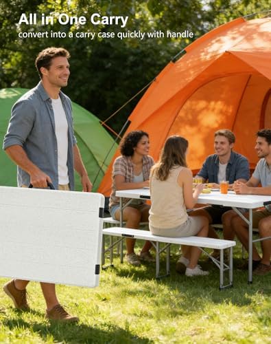 2pk Folding Table with 4 Benches Set for Camping, Picnic, White
