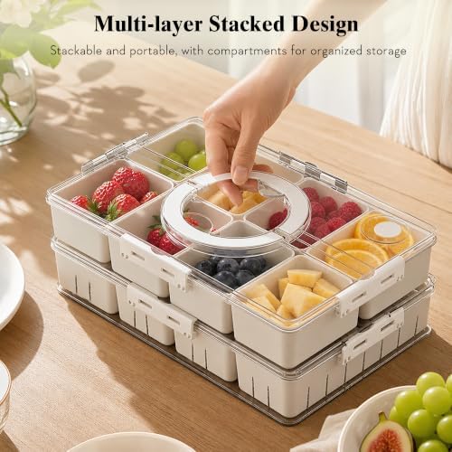 2 Pack Snack Box Container with 8 PP Compartments & 4 Draining Grids, Food Storage Tray with Lid & Handle, Dishwasher Safe, Portable Organizer for Picnic, Travel, Party